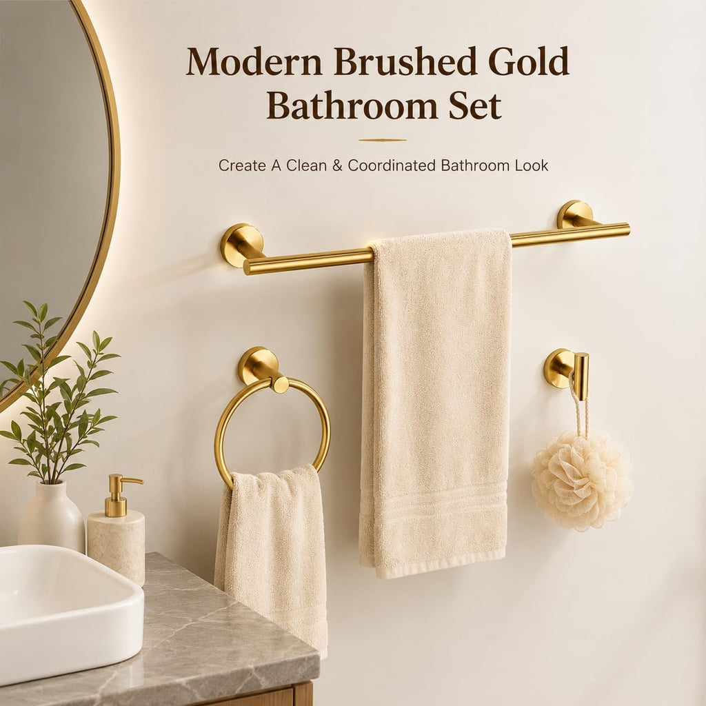 Brushed Gold Bathroom Hardware Set 5 Piece with Towel Racks for Bathroom, SUS304 Stainless Steel Bath Towel Bar Set, 24 Inch Wall Mounted Accessories Kit…