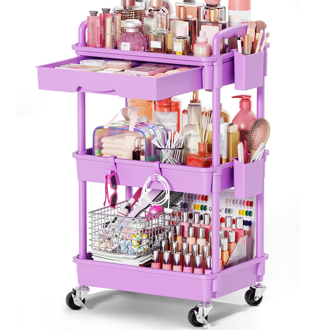 Goovilla Rolling Makeup Organizer Cart with Removable Drawer, 3 Tier Pink
