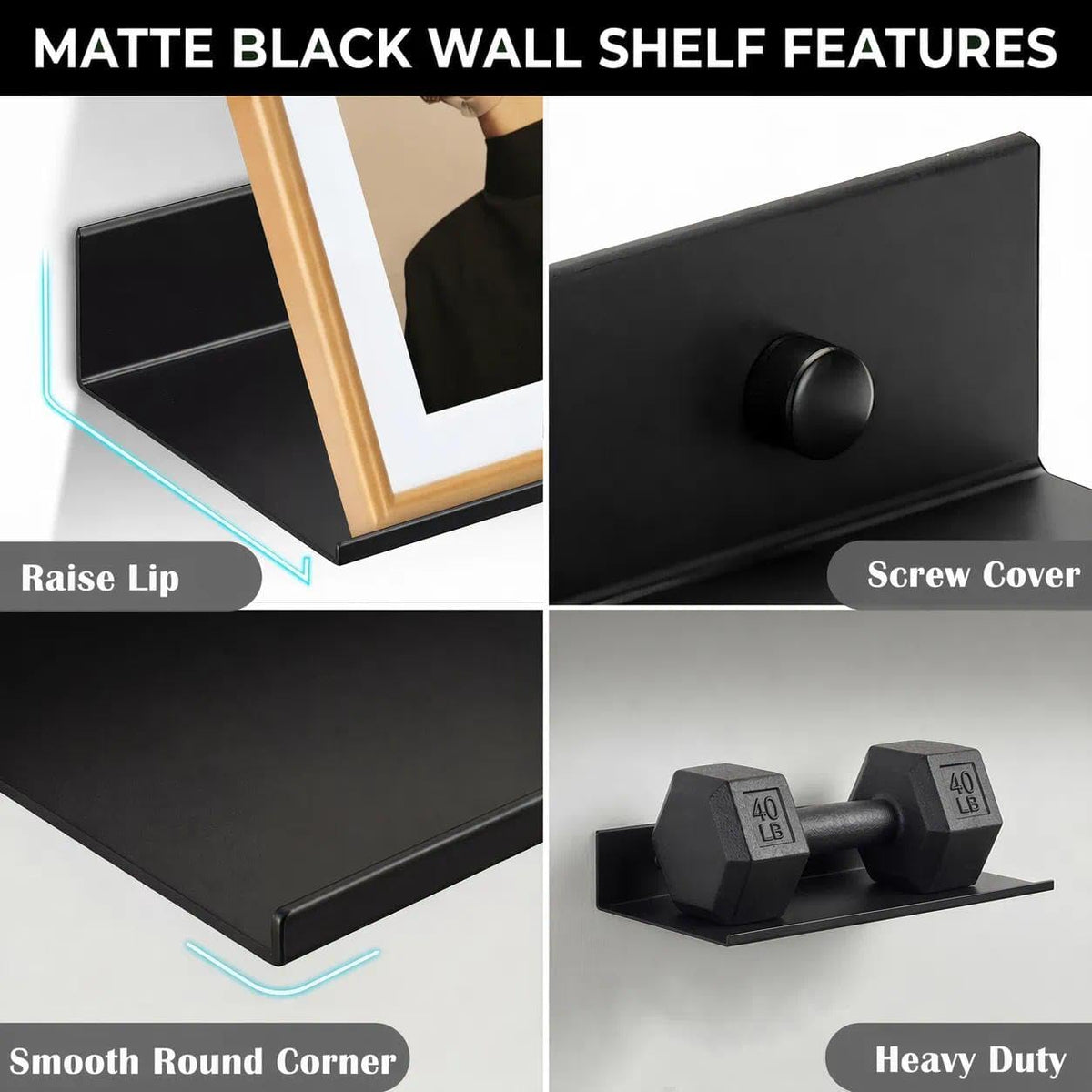 Z metnal Bathroom Shelf, Floating Shelves, Metal Display Wall Shelf, Aluminum, Wall Mounted, Matt Black,16 inch, 2 Pack