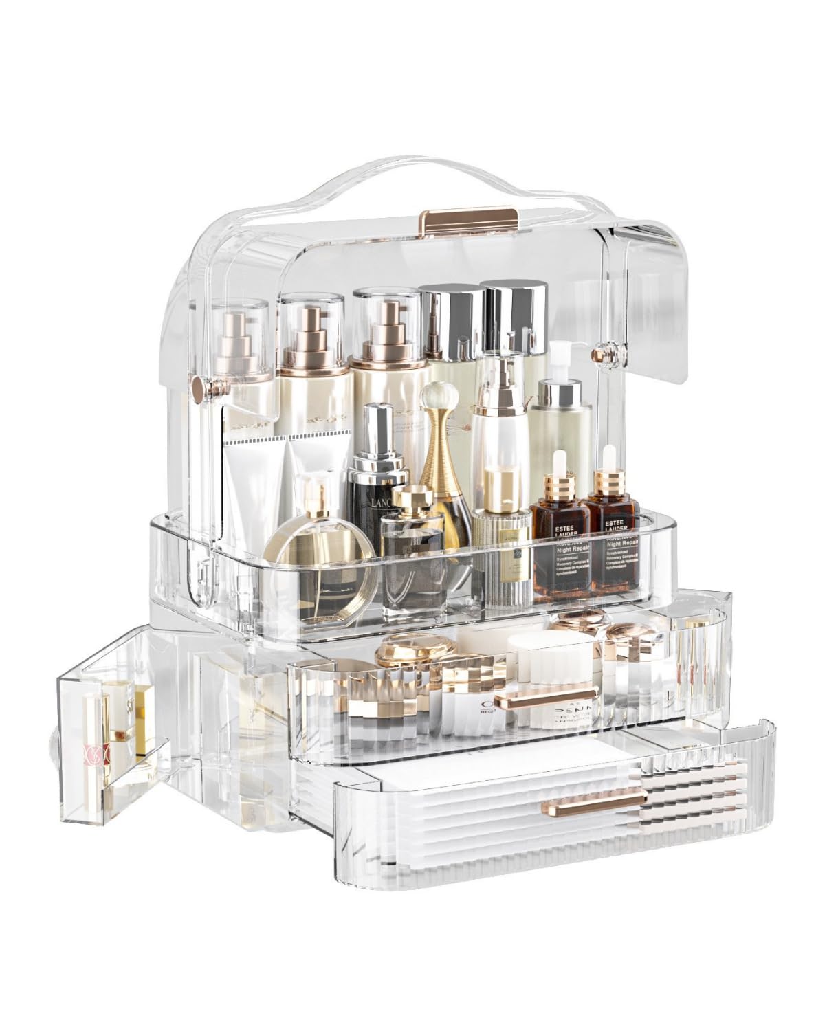 LINFIDITE Cosmetics Storage Box Transparent Lid Large Makeup Organizer Box Drawers Portable Handle Waterproof Dustproof Skincare Display Cases for Countertop, Bathroom, Dresser,Gift Clear Green