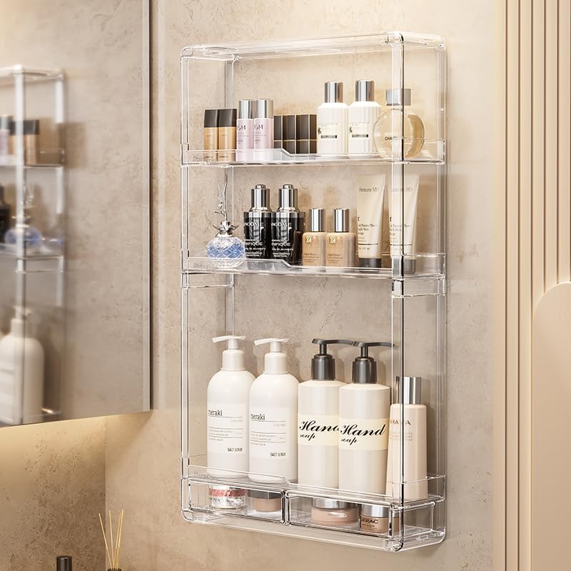 BOHOIDEE 3 Tiers Wall Acrylic Display Shelves with 2 Division Boards, Large Capactiy Acrylic Bathroom Organizer, Wall-Mounted Dustproof Makeup Organizer Storage for Bathroom, Kitchen, Room Decor