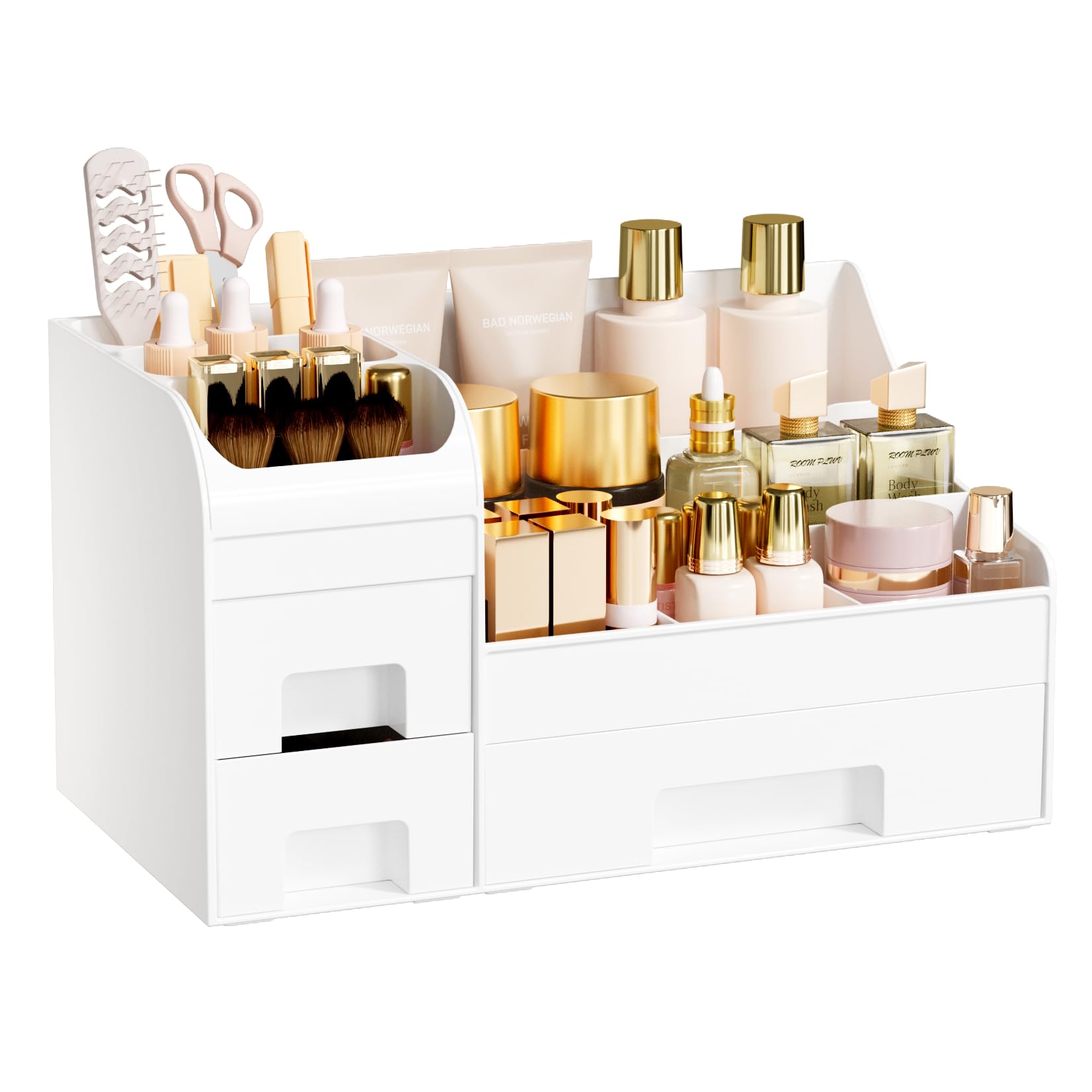 Extra Large Makeup Organizer for Vanity,Countertop Organizer with Drawers and Brush Holder,Men’s Cologne Organizer for Bathroom,Cosmetic Skin Storage for Lipsticks,Nail Polish & Shaving Lotion,Black