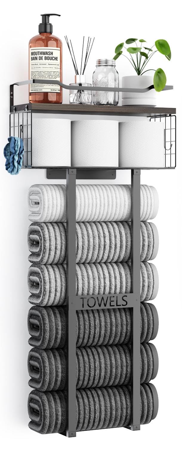 Aetyord Towel Racks for Bathroom 31inch Wall Mounted Towel Rack,Floating Shelf with Wood Plank,Towel Storage for Bathroom can Holds 6 Large Rolled Towels,All Black