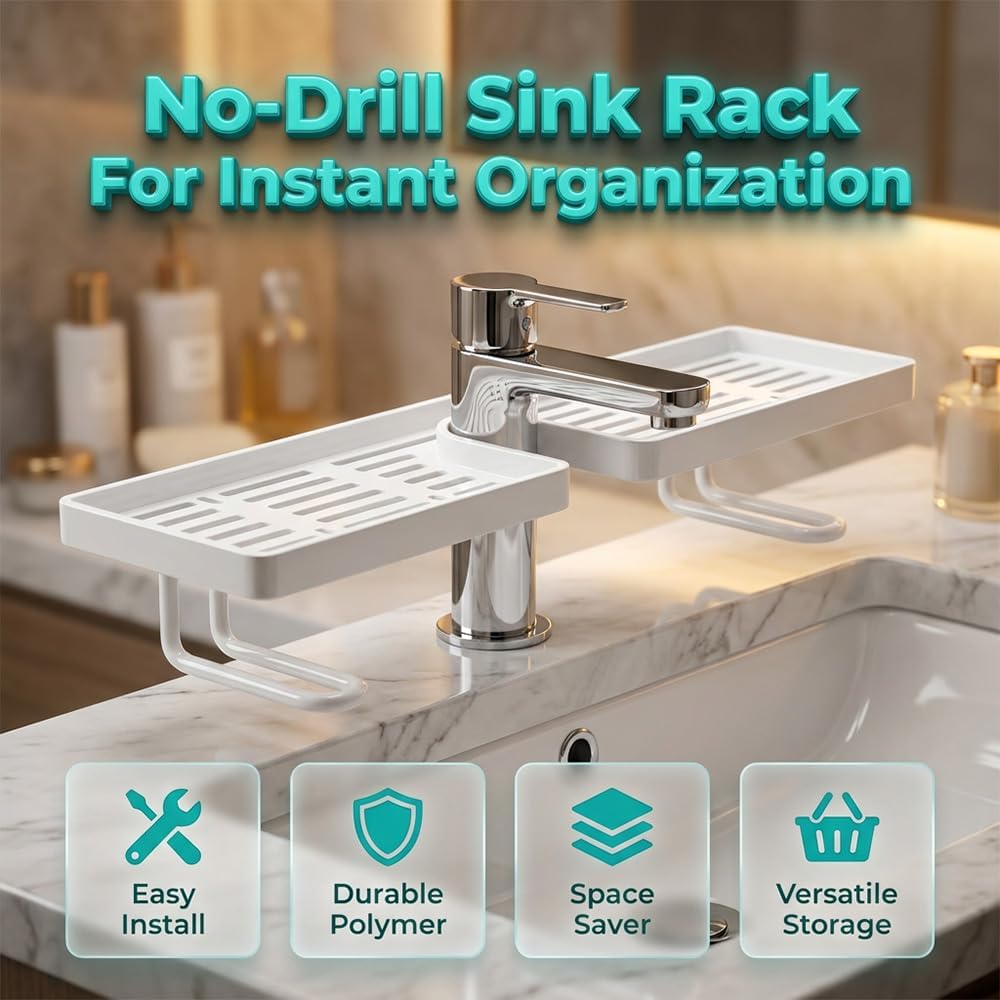 Bathroom Sink Shelf Over Faucet-Faucet Storage Shelf,No-Drill Kitchen Sink Sponge Holder & Drain Rack,Kitchen Bathroom Countertop Organizer Above Sink Drain Rack (BLACK)