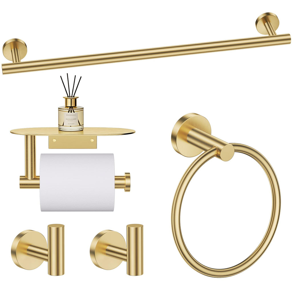 TURS Brushed Gold 5 Piece Bathroom Hardware Set, SUS304 Stainless Steel 24 Inch Bath Towel Bar Set, Round Bathroom Accessories Kit Wall Mounted