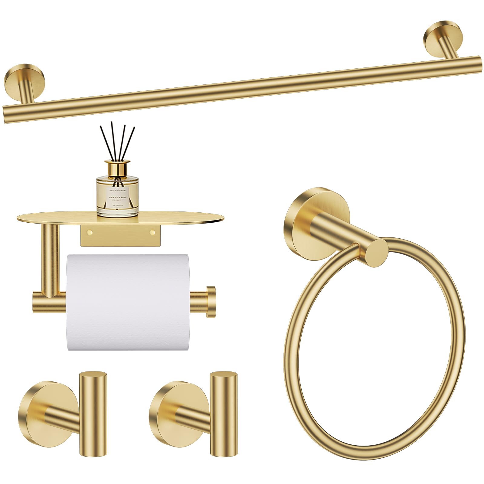 TURS Brushed Gold 5 Piece Bathroom Hardware Set, SUS304 Stainless Steel 24 Inch Bath Towel Bar Set, Round Bathroom Accessories Kit Wall Mounted