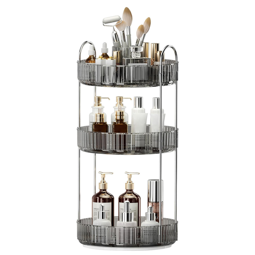 360° Rotating Makeup Organizer, Upgraded 3 Tier Skincare Perfume Organizers for Women, Bathroom Organizer Countertop, Clear Cosmetic Dresser Organizer with Makeup Brush Holder, Sink&Counter(Amber)
