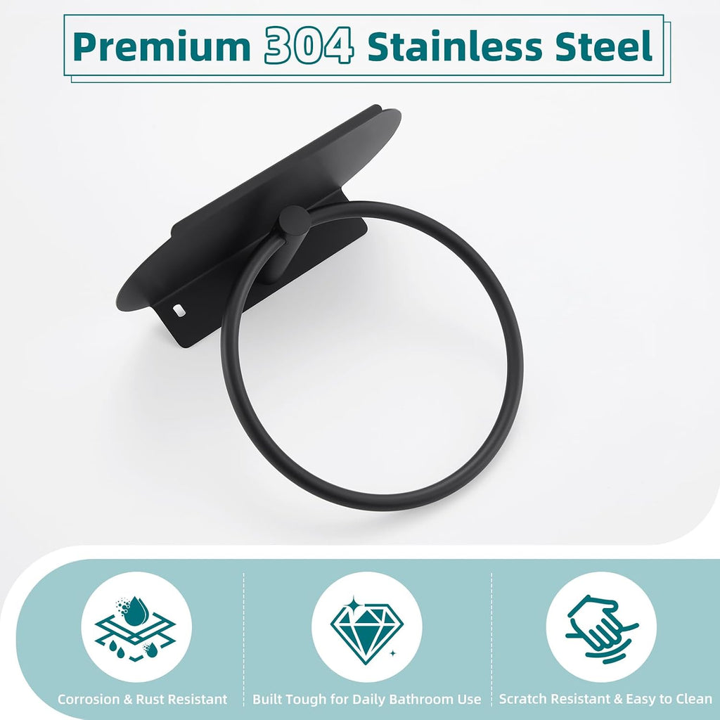 APLusee Hand Towel Ring with Shelf, Matte Black, 304 Stainless Steel