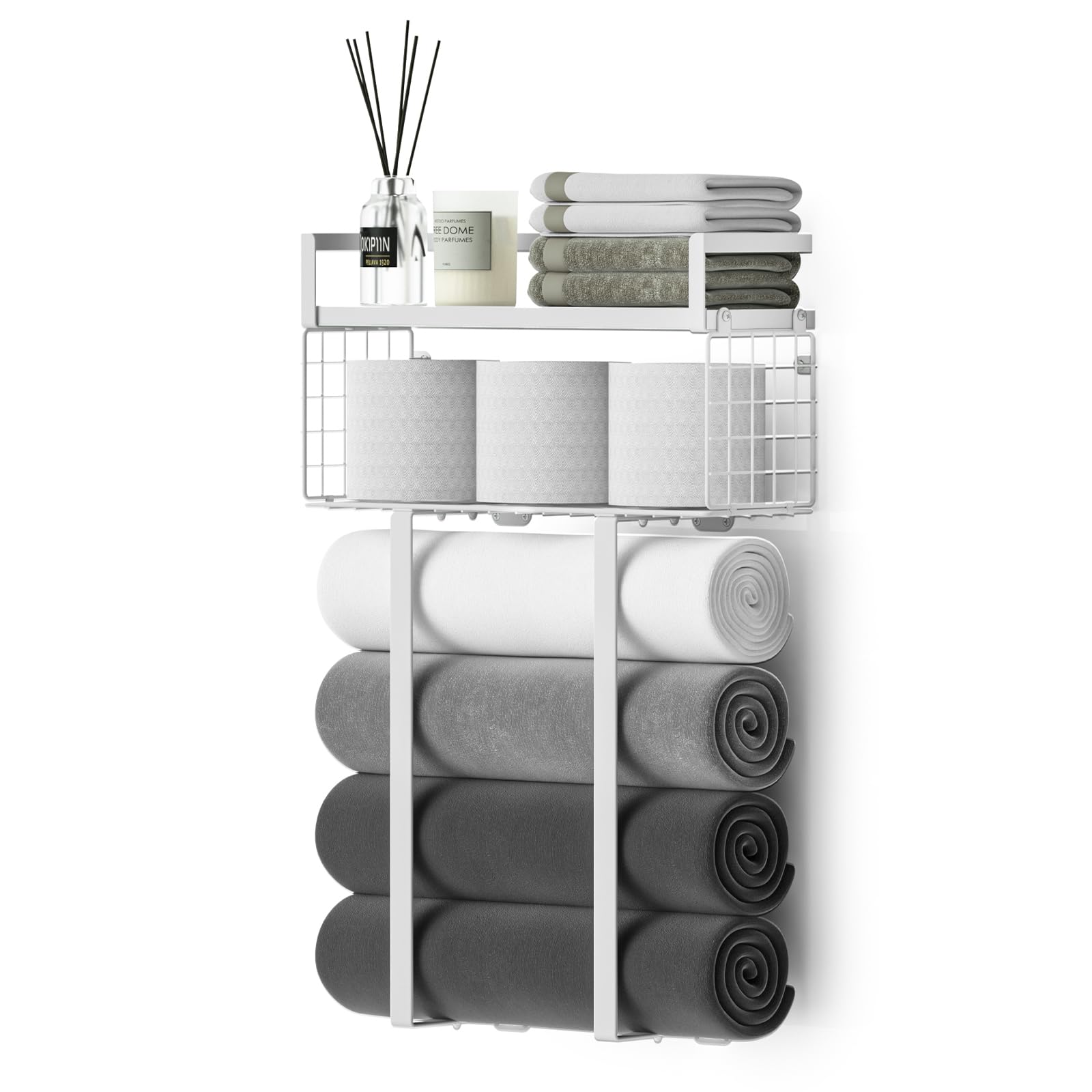Xstydes Towel Racks for Bathroom Wall Mounted, Metal Towel Holder with Wooden Shelf for Folding Large Towels, Towel Storage for Small Bathroom Organizer Decor or RV Camping