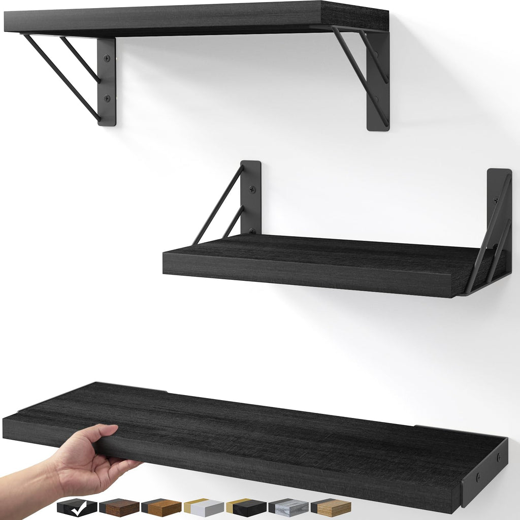 BAYKA Wall Mounted Floating Shelves, Wood Floating Wall Shelf for Books & Decor, Small Space-Saving Display & Organizer（Black，Set of 4）