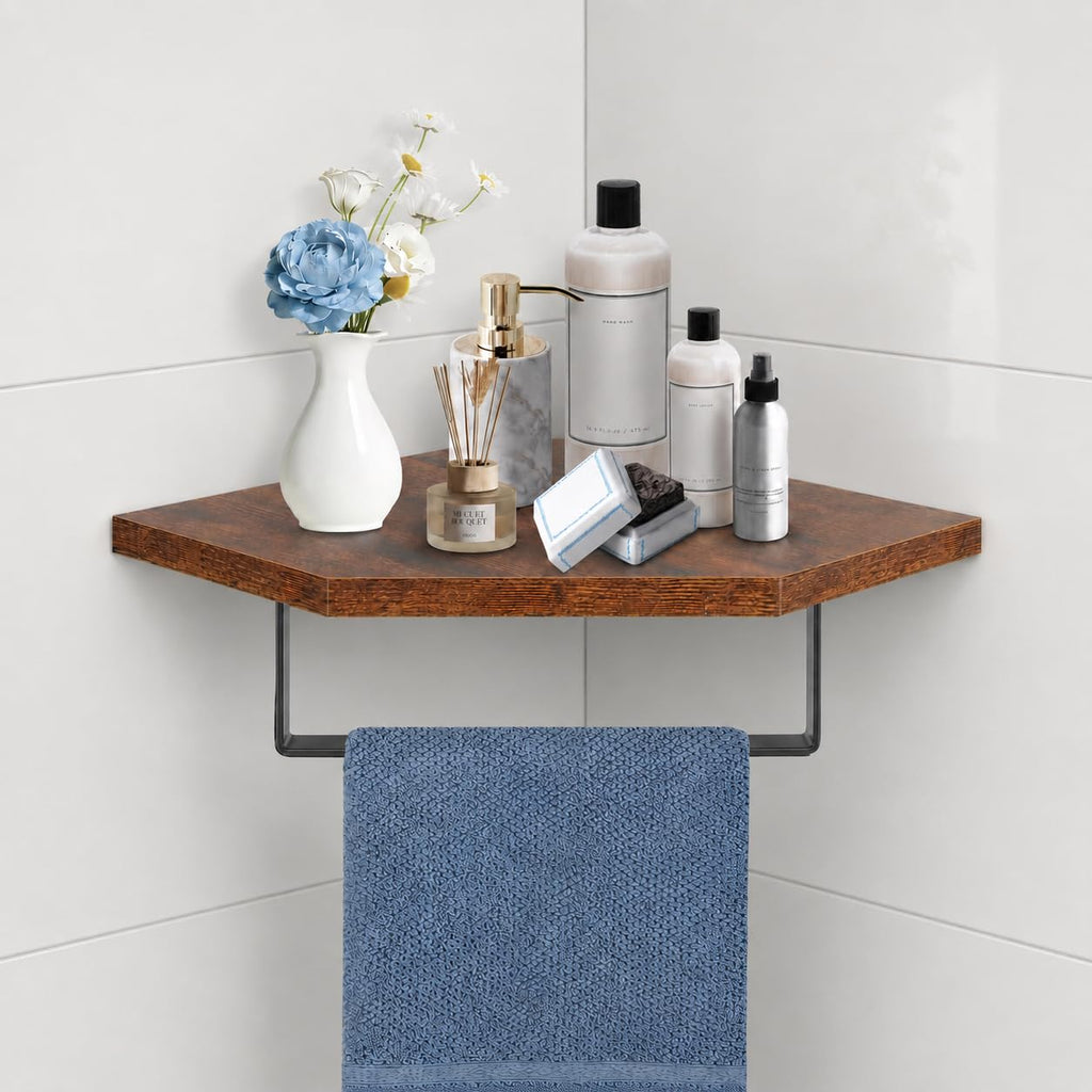 Hand Towel Holder/Towel Ring with Wooden Shelf, Hand Towel Rack, Hand Towel Hanger for Bathroom, Bath Accessories Wall Mounted, (Matte Black, 9"-Squ Shaped)