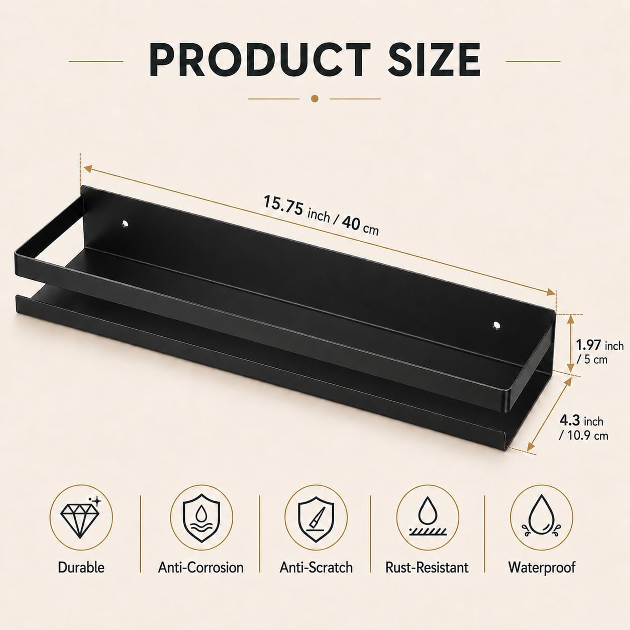 Shower Floating Shelves, Wall-Mounted Caddy, 15.75 in, 2 Pack Black