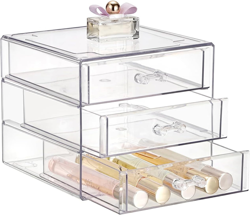 ELLDOO Rollerball Perfume Organizer with 3 Drawer, Clear Acrylic Perfume Storage Holder Beauty Scent Holder, Makeup Lipgloss Lipstick Display Case Office Supplies Box