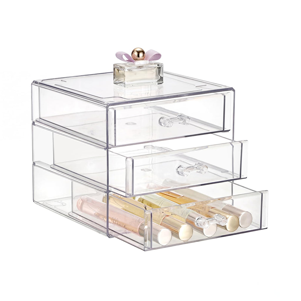 ELLDOO Rollerball Perfume Organizer with 3 Drawer, Clear Acrylic Perfume Storage Holder Beauty Scent Holder, Makeup Lipgloss Lipstick Display Case Office Supplies Box