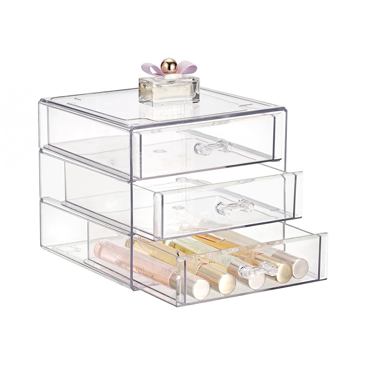 ELLDOO Rollerball Perfume Organizer with 3 Drawer, Clear Acrylic Perfume Storage Holder Beauty Scent Holder, Makeup Lipgloss Lipstick Display Case Office Supplies Box