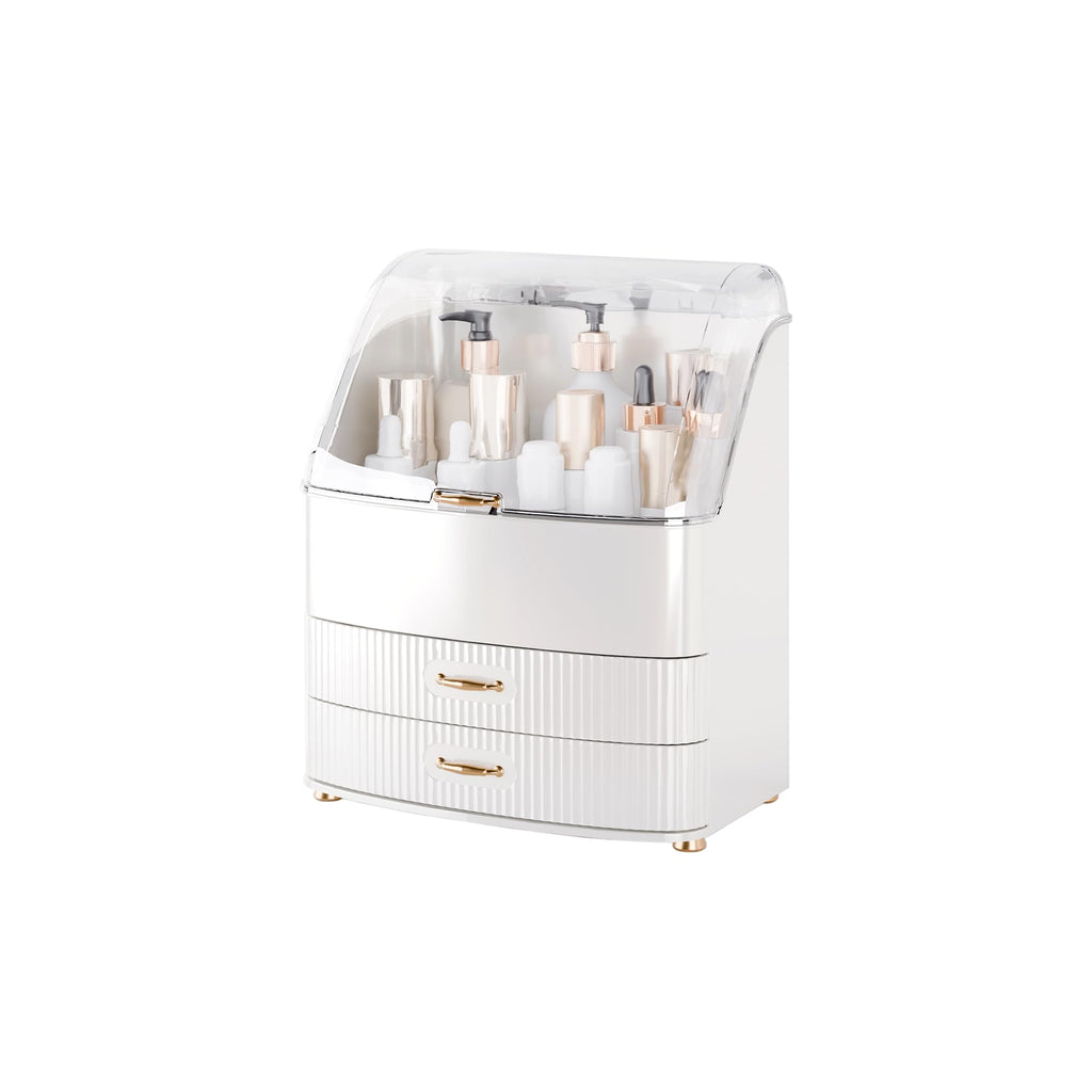Makeup Organizer Countertop Vanity with Transparent Lid Drawers Waterproof Dustproof Cosmetic Skincare Bathroom Storage Gift for Women Teens Girls (White)
