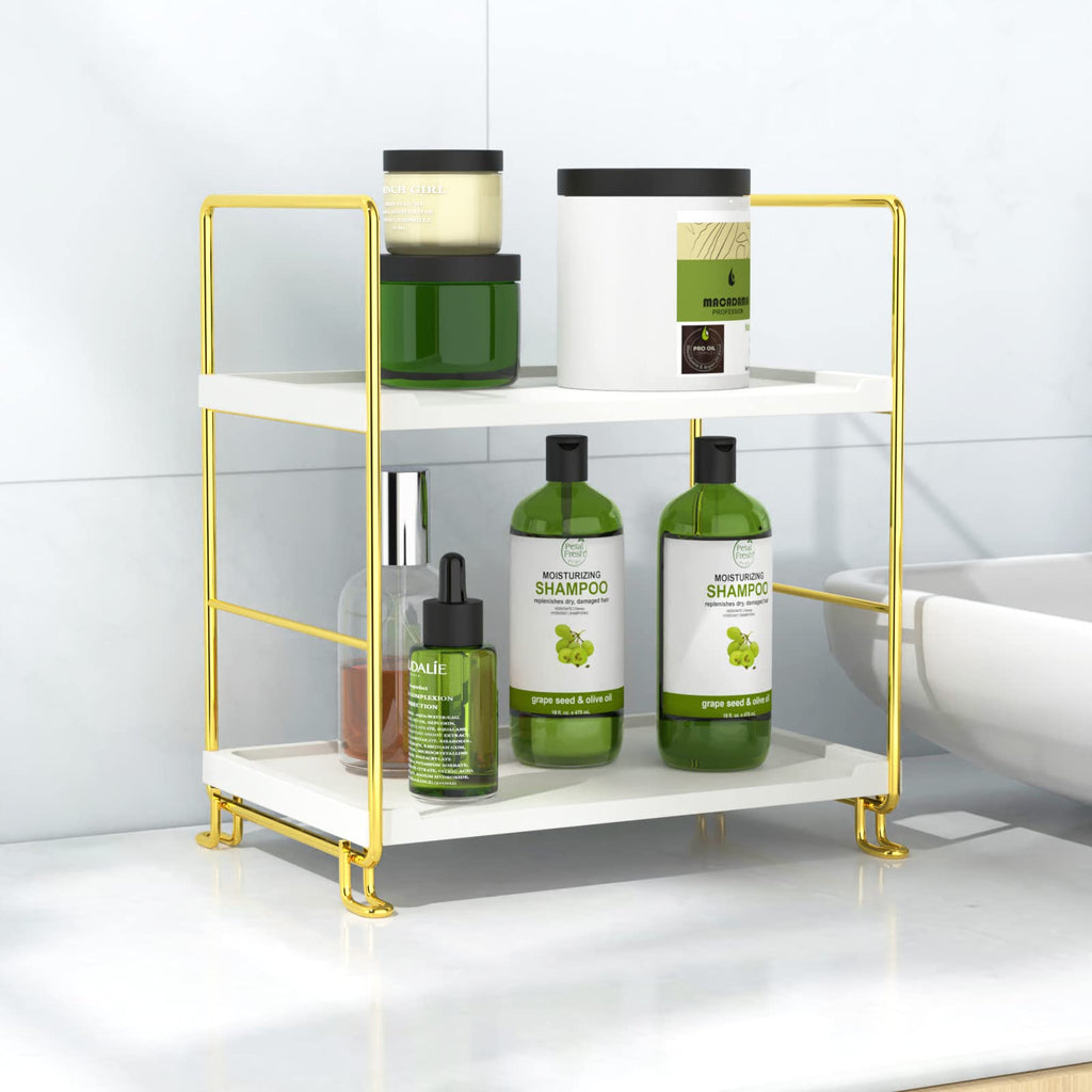 2-Tier Bathroom Organizer Countertop Perfume Makeup Shelf Cosmetics Storage Shelf Display Rack Vanity Dresser,Kitchen Spice Rack,Plastics Imitation Marble Design,Tool-Less Install(Sliver)