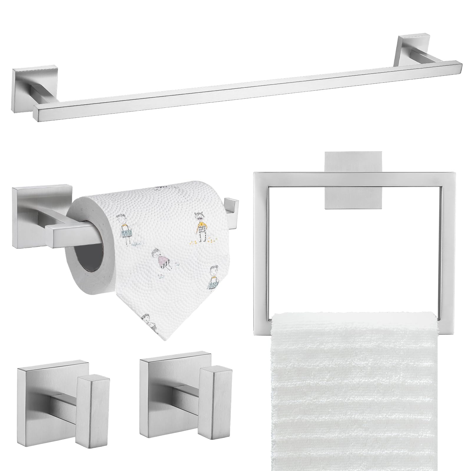 TQKAG 5-Pieces Brushed Gold Bathroom Hardware Accessories Set 23.6" SUS304 Stainless Steel Towel Bar Set Wall Mounted Square Toilet Paper Holder with Shelf