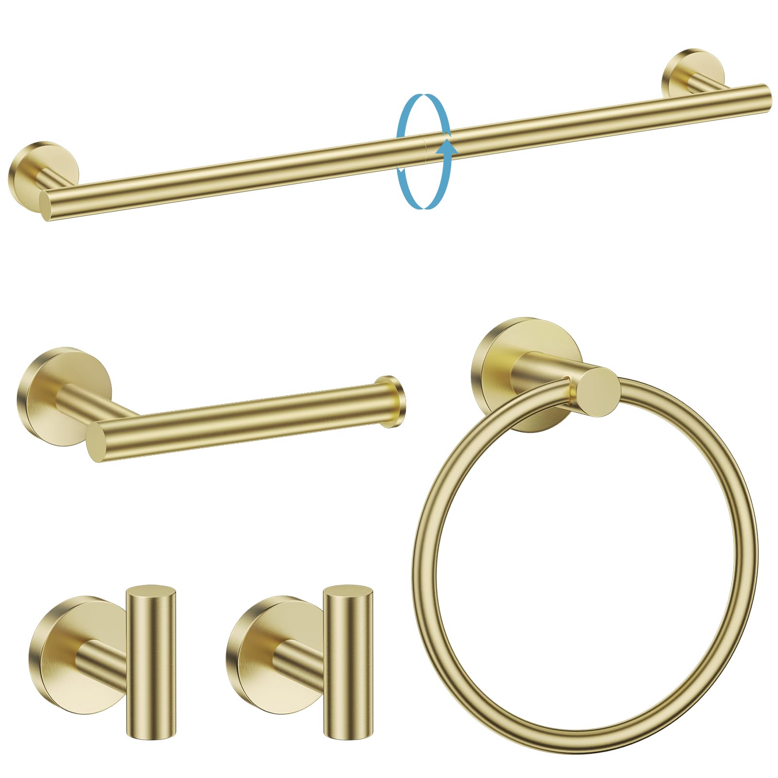 TURS Brushed Gold 5 Piece Bathroom Hardware Set, SUS304 Stainless Steel 24 Inch Bath Towel Bar Set, Round Bathroom Accessories Kit Wall Mounted