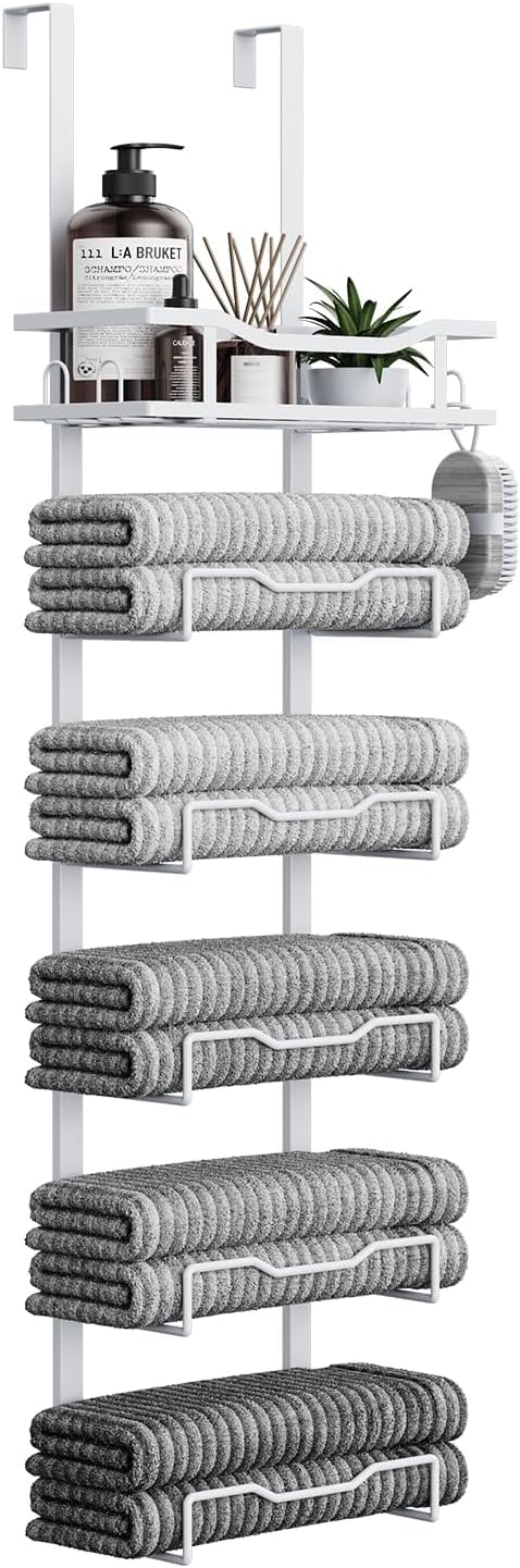 Aetyord Hanging Towel Racks for Bathroom No Drill - 6-Tier Over The Door Bath Towel Storage Organizer for Small Bathrooms - Tiered Back of Door Towel Holder Hanger for Rolled Towels RV Camper Black
