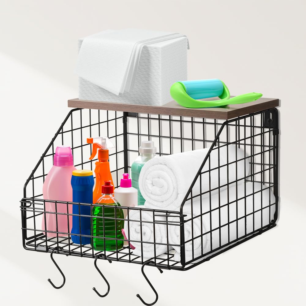 Picowe Laundry Room Shelves Wall Mounted, Metal Basket with Wood Lid (S)