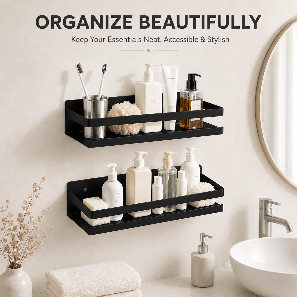 Shower Floating Shelves, Wall-Mounted Caddy, 15.75 in, 2 Pack Black
