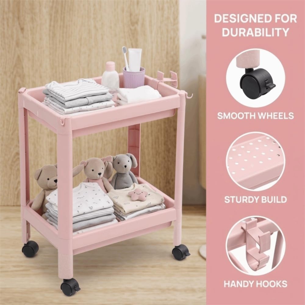 Bathroom Floor Storage Shelf, 2-Tier Pink Plastic Freestanding Shelf Unit with Wheels, Narrow Corner Rack for Bathroom Kitchen