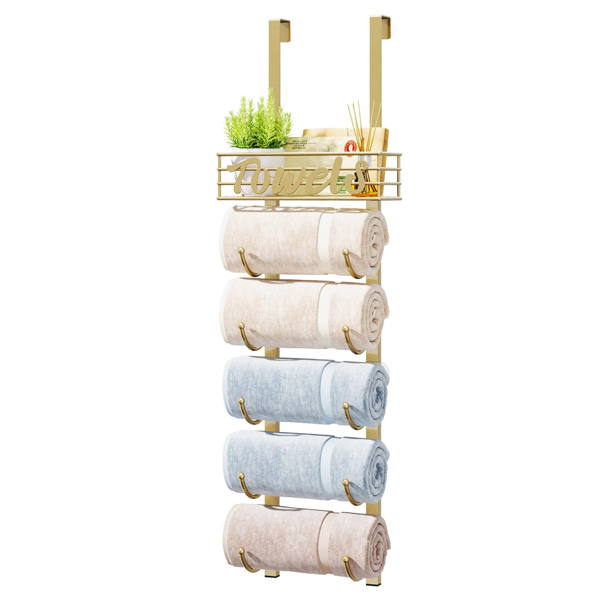 HapiRm Towel Racks for Bathroom Storage - 6 Tier Over The Door & Wall Mount Rolled Towel Storage Organizer Holder with Metal Shelf Basket for Small Bathroom, Camper, Rv - Black, Patented