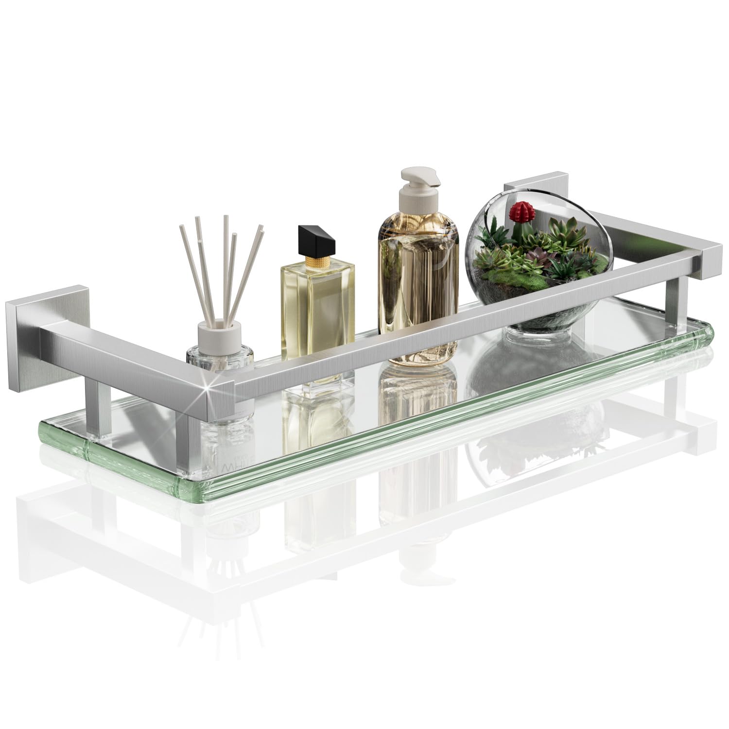 Alise Glass Shelf for Bathroom 16 Inch, Brushed Nickel Floating Glass Shelf