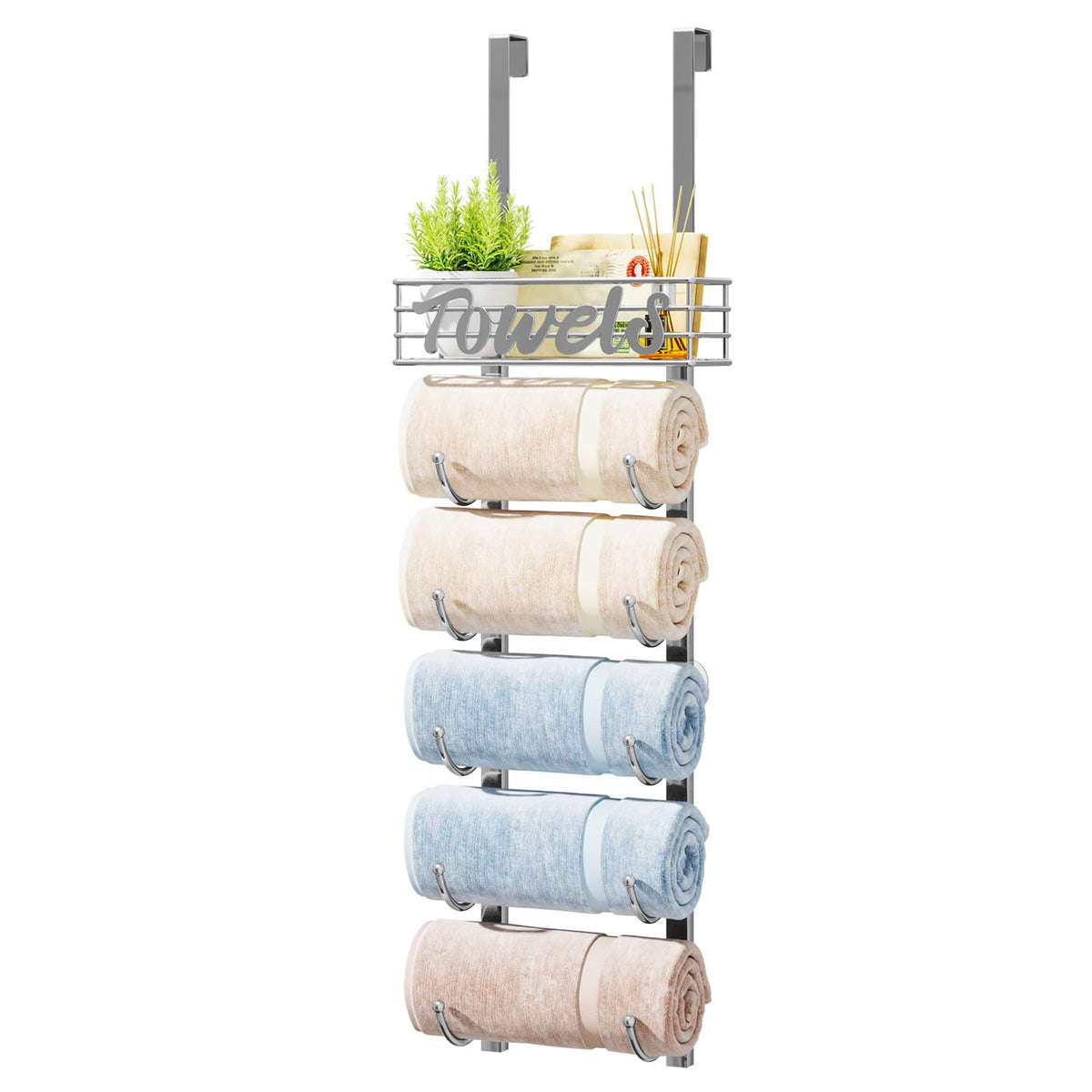 HapiRm Towel Racks for Bathroom Storage - 6 Tier Over The Door & Wall Mount Rolled Towel Storage Organizer Holder with Metal Shelf Basket for Small Bathroom, Camper, Rv - Black, Patented