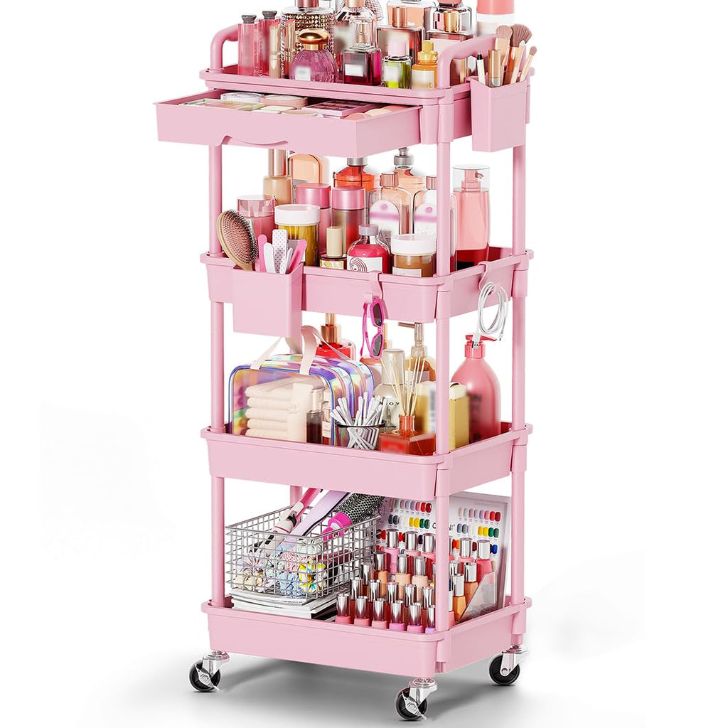 Goovilla Rolling Makeup Organizer Cart with Removable Drawer, 3 Tier Pink