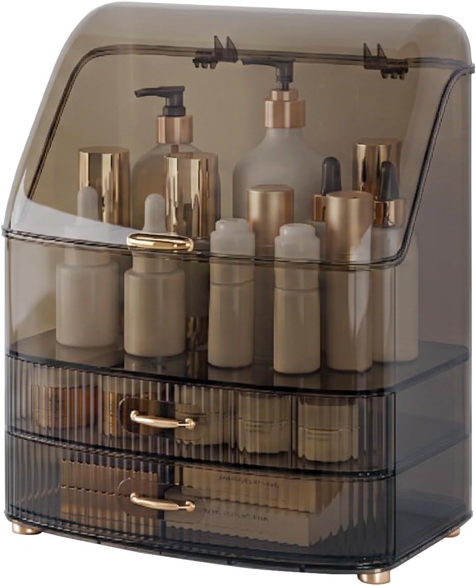 Makeup Organizer Countertop Vanity with Transparent Lid Drawers Waterproof Dustproof Cosmetic Skincare Bathroom Storage Gift for Women Teens Girls (White)