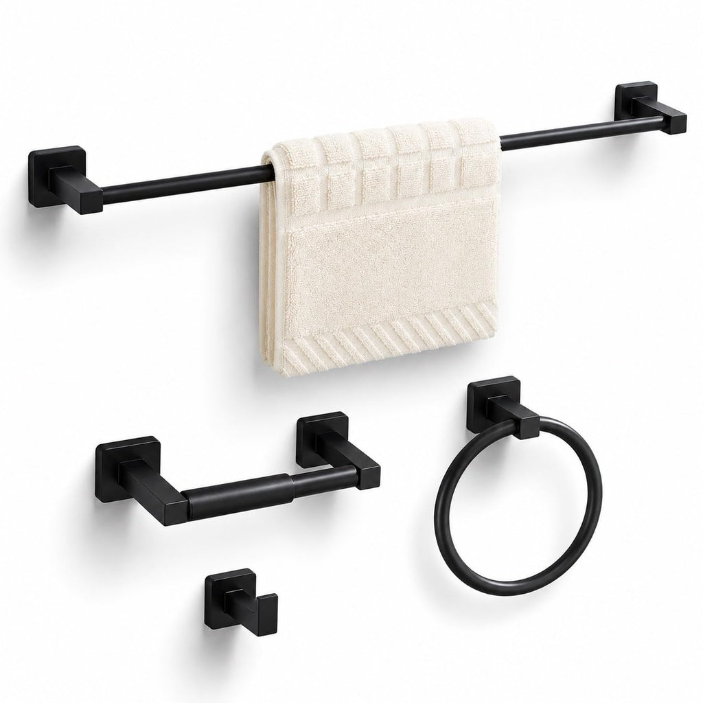 Matte Black Bathroom Hardware Set 4 Pieces,Bathroom Accessories Set Stainless Steel Wall Mounted, Hand Towel Bar, Towel Ring, Robe Towel Hooks,Toilet Paper Holder,Towel Bar Set, 23.6 Inch