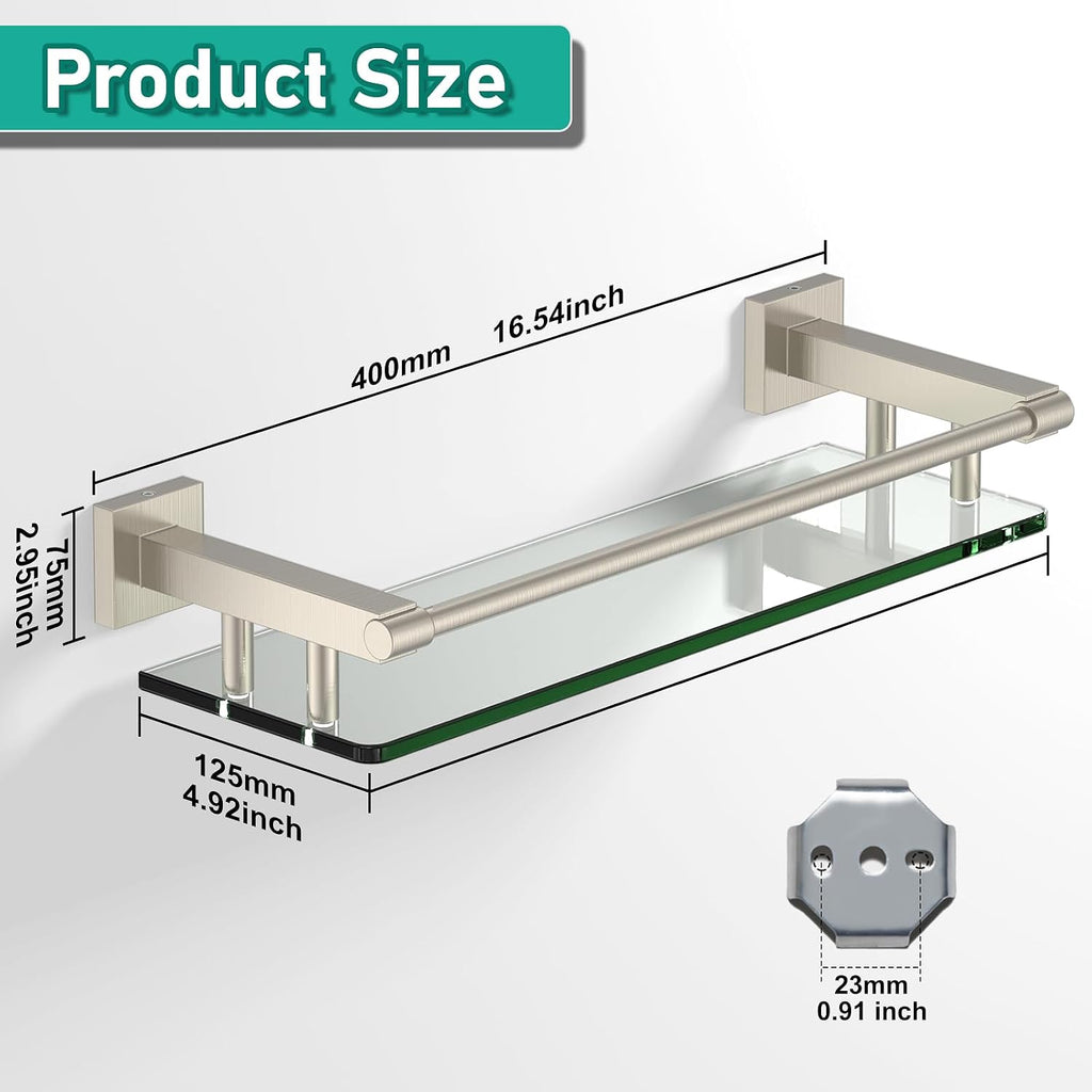 Glass Shelves for Bathroom, 16IN Brushed Nickel Bathroom Shelves for Wall Rectangular Stainless Steel Tempered Glass Modern use for Shelf Sink Over Toilet