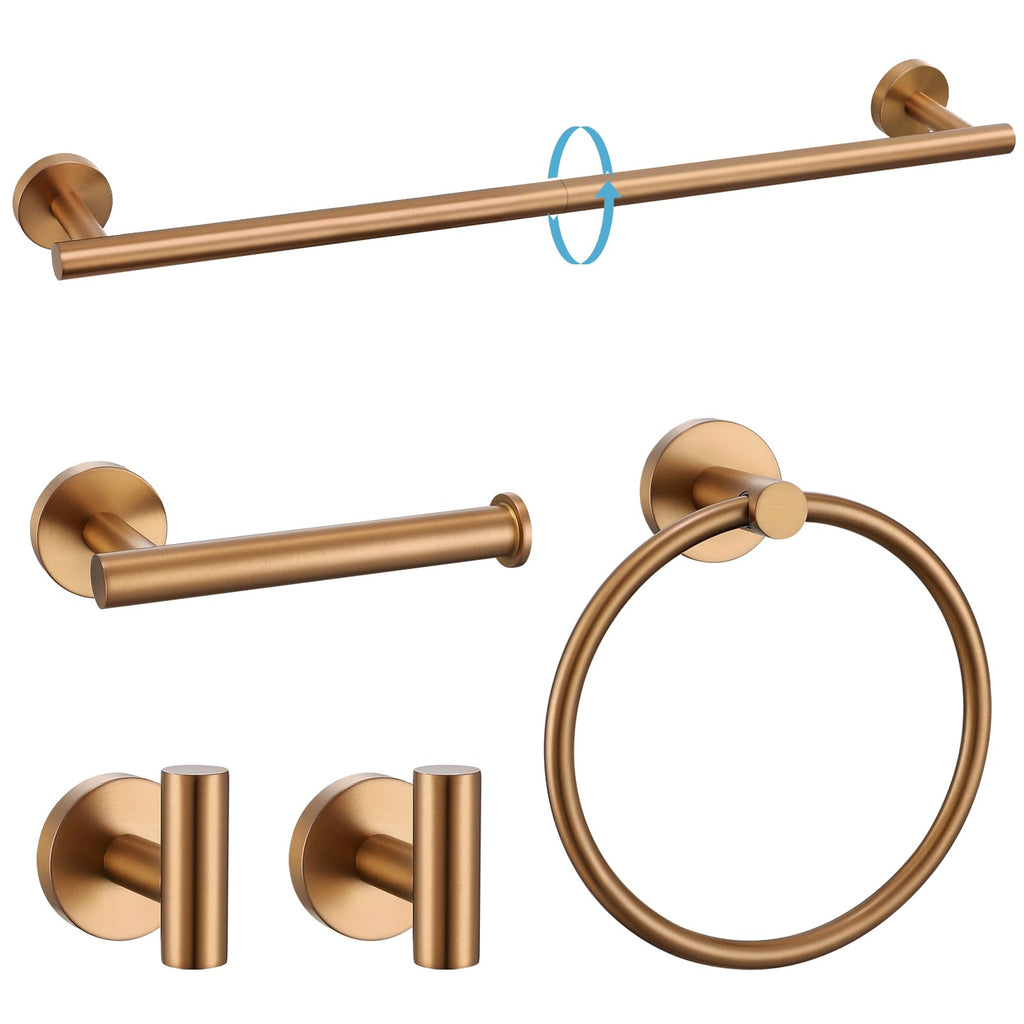 TURS Brushed Gold 5 Piece Bathroom Hardware Set, SUS304 Stainless Steel 24 Inch Bath Towel Bar Set, Round Bathroom Accessories Kit Wall Mounted