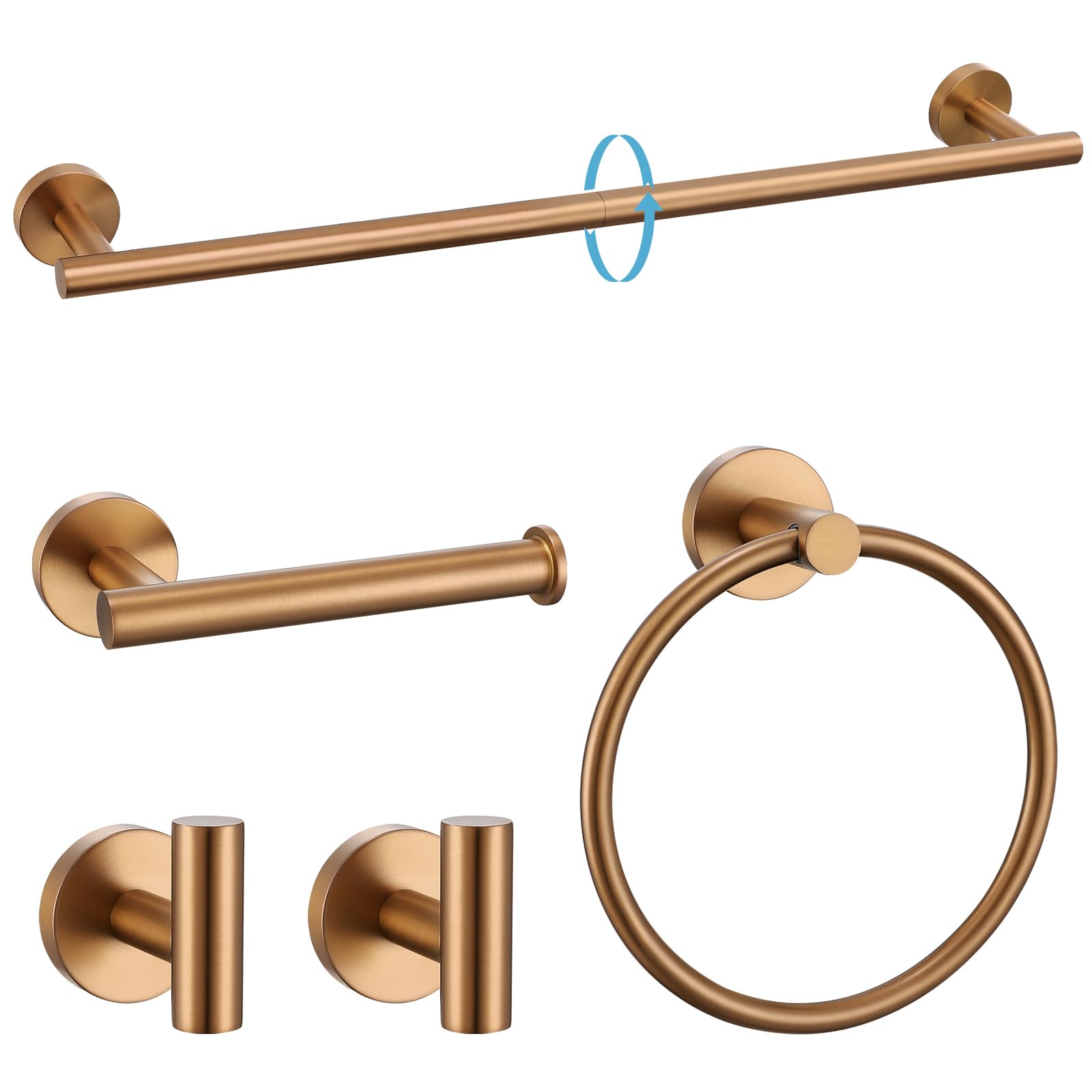 TURS Brushed Gold 5 Piece Bathroom Hardware Set, SUS304 Stainless Steel 24 Inch Bath Towel Bar Set, Round Bathroom Accessories Kit Wall Mounted
