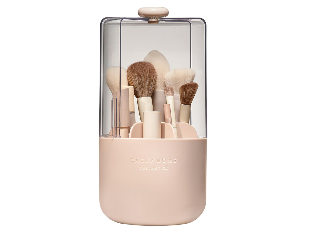 EACHY Makeup Brush Holder with Lid, 360° Rotating Vanity Organizer for Brushes, Dustproof Cosmetic Display Case, 7 Compartments, Waterproof Plastic (Pink)
