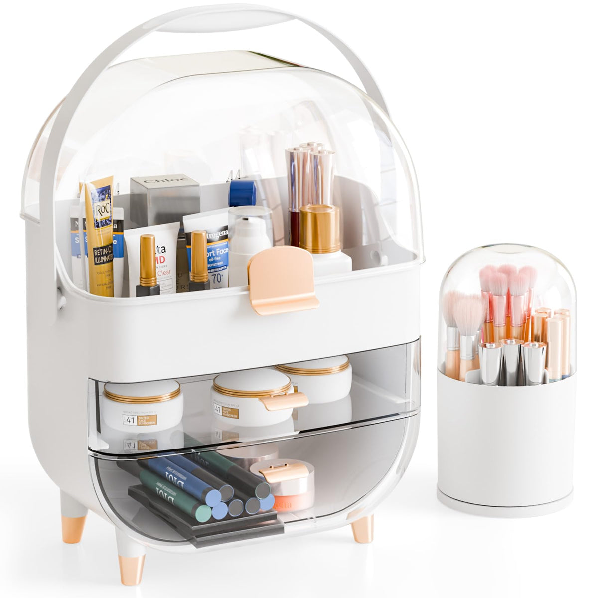 Yieach Countertop Makeup Organizer for Vanity,Large Capacity Skincare Organizers With Drawers and Makeup Brush Holder,Cosmetic Display Cases with Clear Cover for Bathroom,Dresser,Beauty Product,Pink