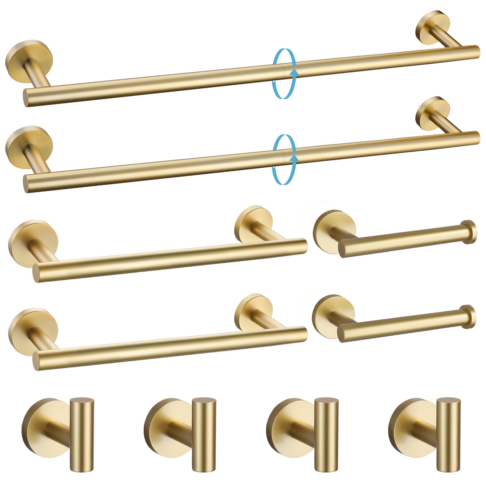 TURS Brushed Gold 5 Piece Bathroom Hardware Set, SUS304 Stainless Steel 24 Inch Bath Towel Bar Set, Round Bathroom Accessories Kit Wall Mounted