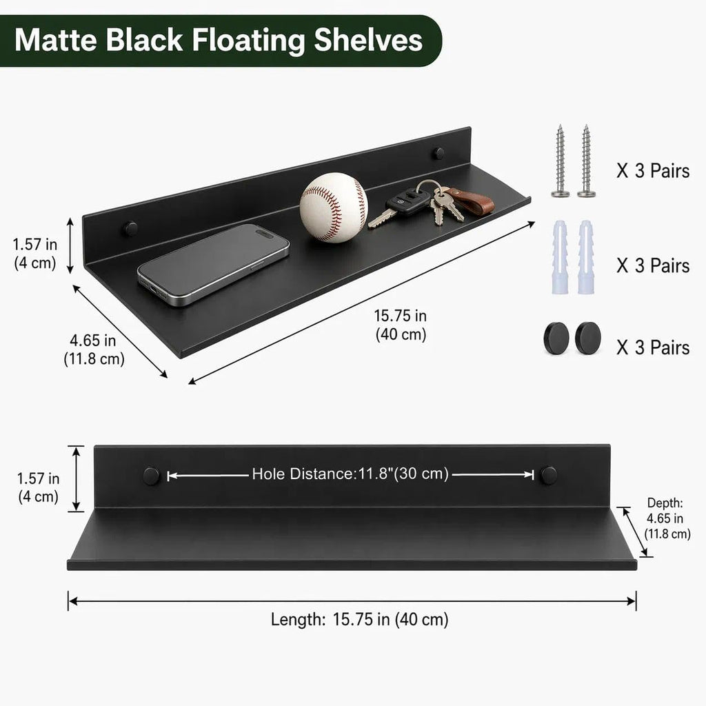 Z metnal Bathroom Shelf, Floating Shelves, Metal Display Wall Shelf, Aluminum, Wall Mounted, Matt Black,16 inch, 2 Pack