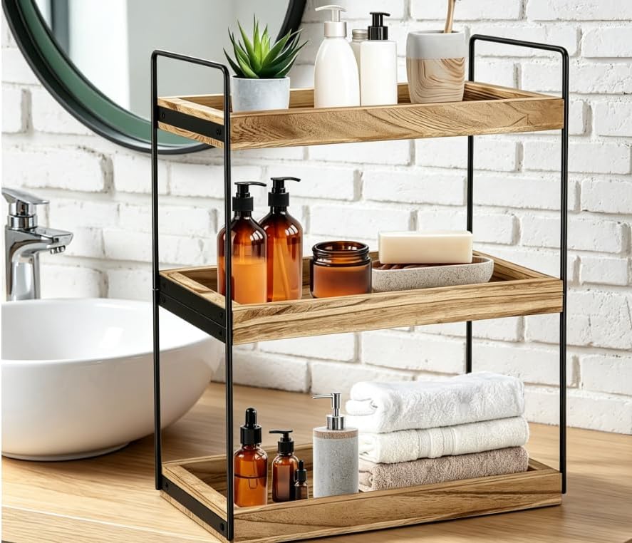 3-Tier Wood Bathroom Counter Organizer, Countertop Storage Shelf, Vanity Cosmetic Holder & Kitchen Spice Rack