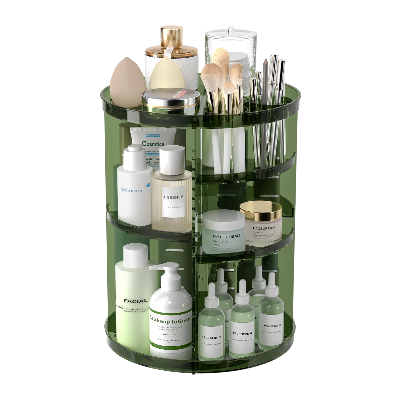 Rotating Makeup Organizer, DIY 8 Adjustable Layers Spinning Skincare Storage, Cosmetic Display Case with Brush Holder and Perfume Tray, Multi-Function Vanity Bathroom Countertop Organizer Clear