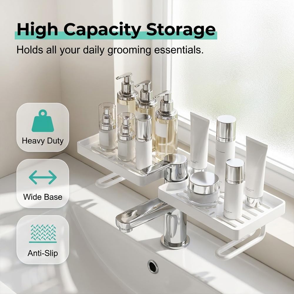 Bathroom Sink Shelf Over Faucet-Faucet Storage Shelf,No-Drill Kitchen Sink Sponge Holder & Drain Rack,Kitchen Bathroom Countertop Organizer Above Sink Drain Rack (BLACK)