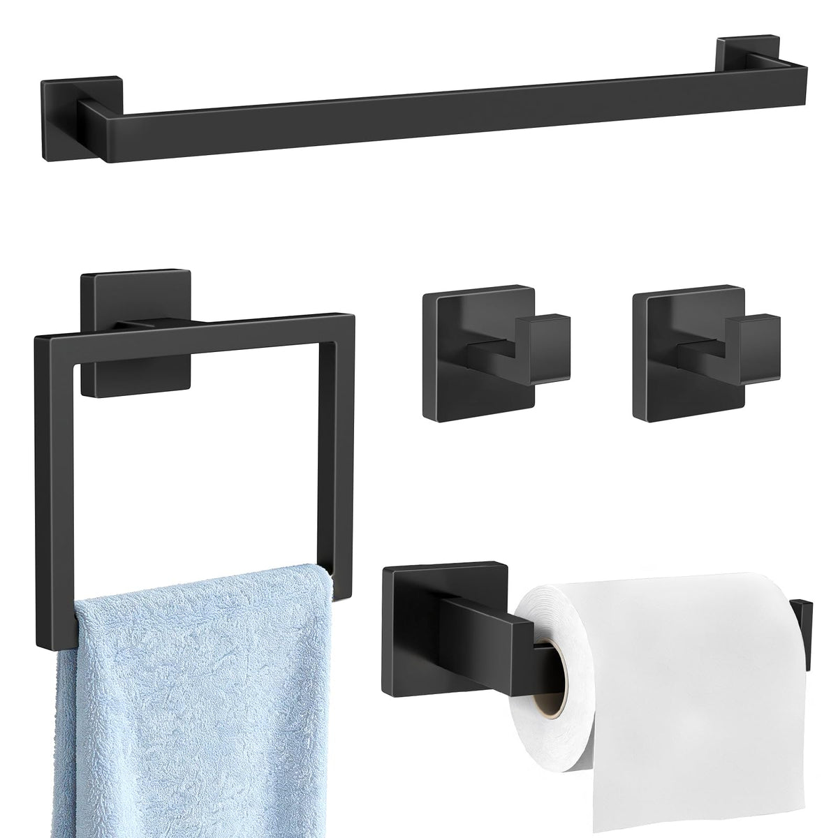 Gypie Bathroom Hardware Accessories Set, 5-Piece 16In Black Wall Mounted