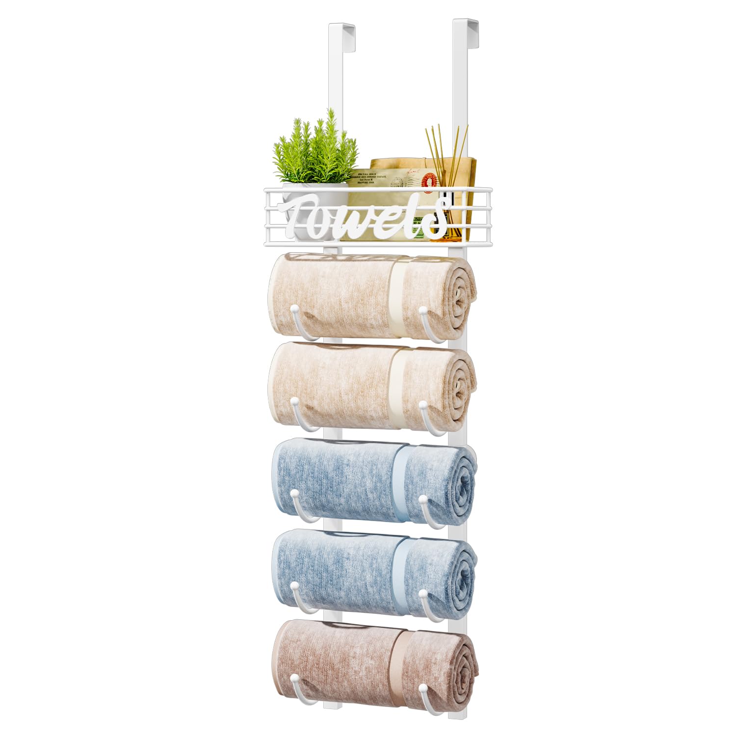 HapiRm Towel Racks for Bathroom Storage - 6 Tier Over The Door & Wall Mount Rolled Towel Storage Organizer Holder with Metal Shelf Basket for Small Bathroom, Camper, Rv - Black, Patented