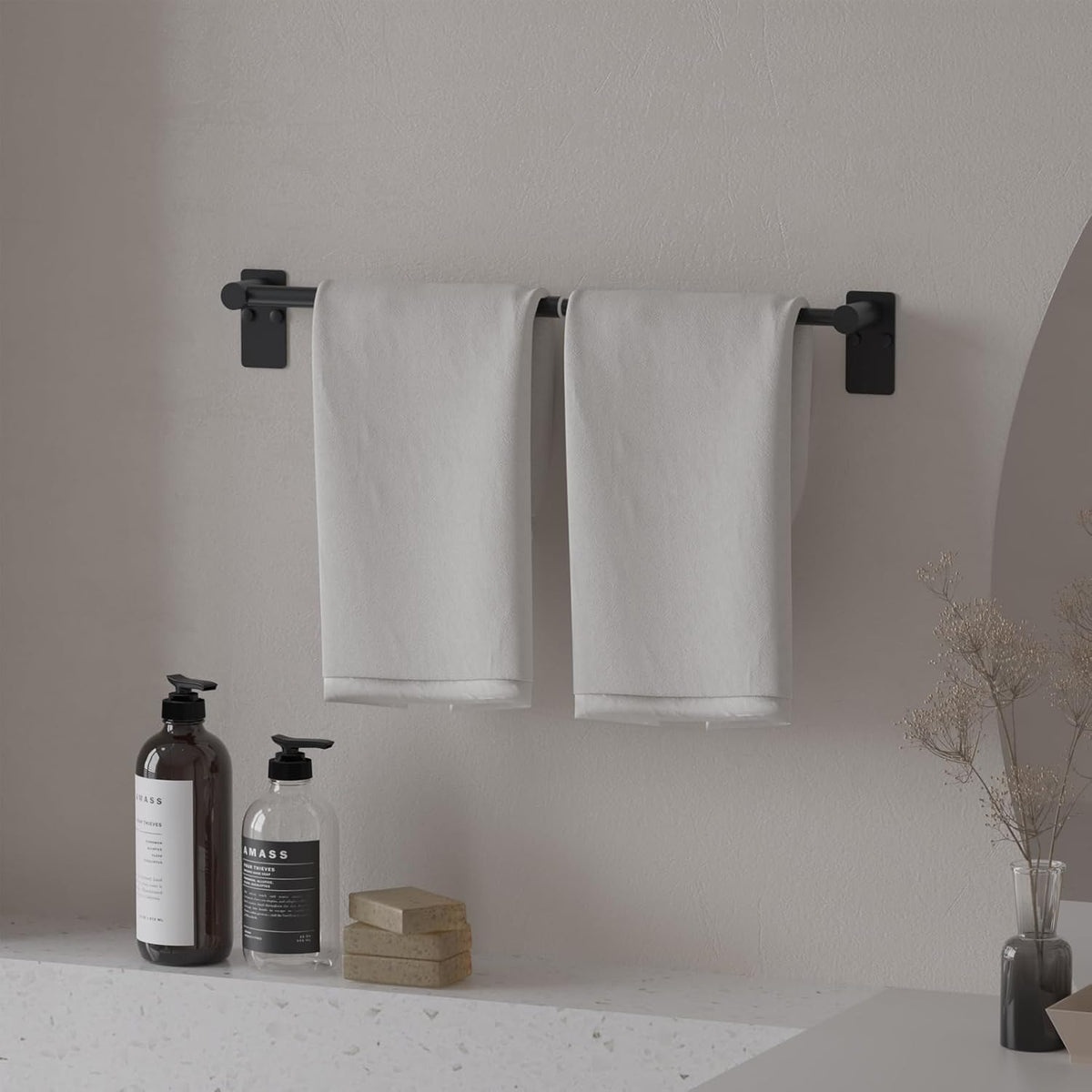 Towel Bar, Adhesive or Drill Wall Mount, Matte Black, 1 Pack