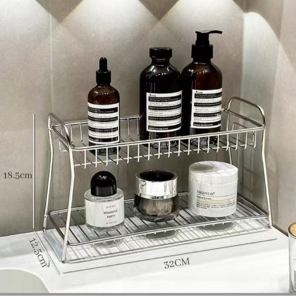 Stainless Steel Bathroom Organizer, Sink Shelf Storage Rack for Vanity, Cosmetics & Toiletries, Waterproof Standing Shelf and Toothbrush Holder (3)