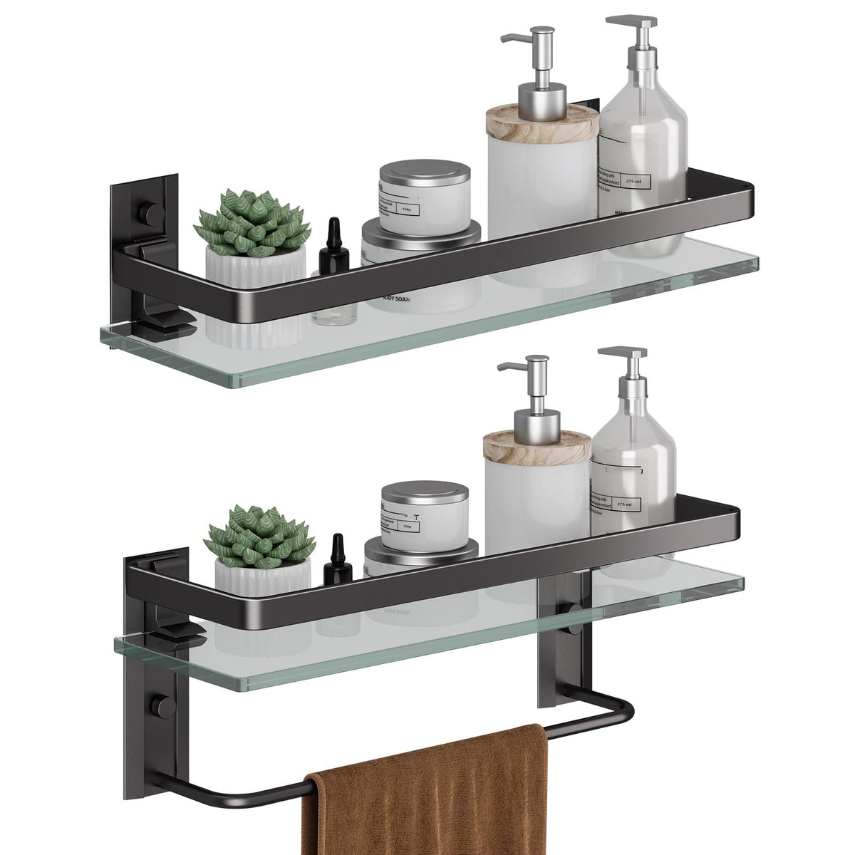 Danpoo Clear Tempered Glass Wall Shelf, Wall-Mounted Organizer for Bathroom, Kitchen(Matte Silver)