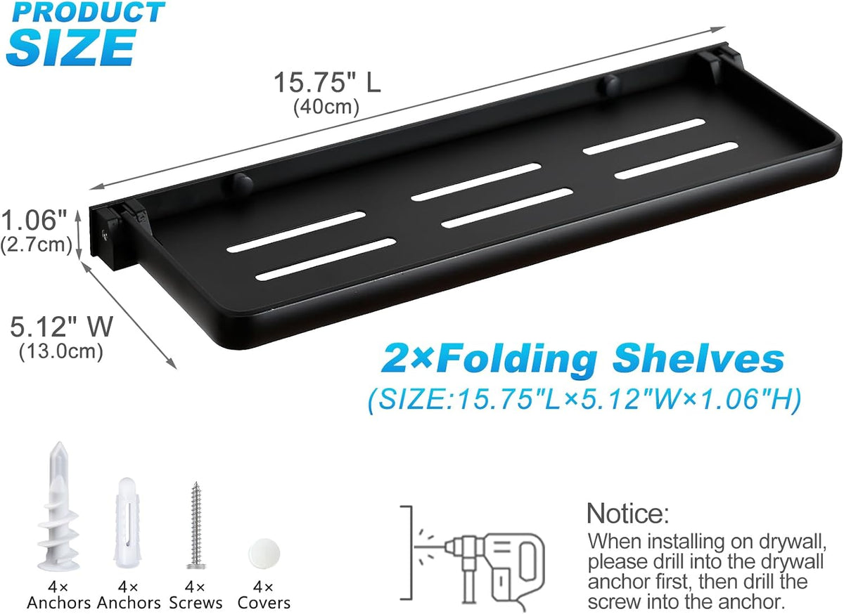 Folding Wall Shelf for Bathroom | 2-Tier Folding Metal Shelves | 90° Fold Up | Wall Mounted Drop Down Floating Shelf for Rv, Laundry Room, Toilet Room, Waterproof(2-Pack, Black)