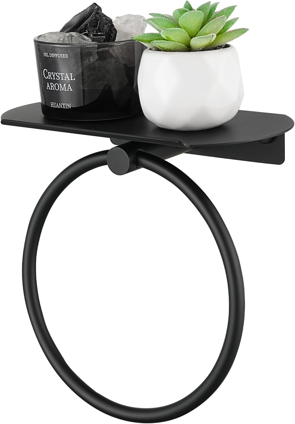 APLusee Hand Towel Ring with Shelf, Matte Black, 304 Stainless Steel